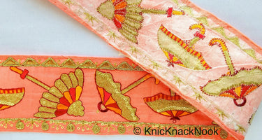 Pink / Peach / Beige / Green Art Silk Fabric Trim With Orange, Red & Gold Embroidered Umbrellas And Gold Sequins, Approx. 88mm wide